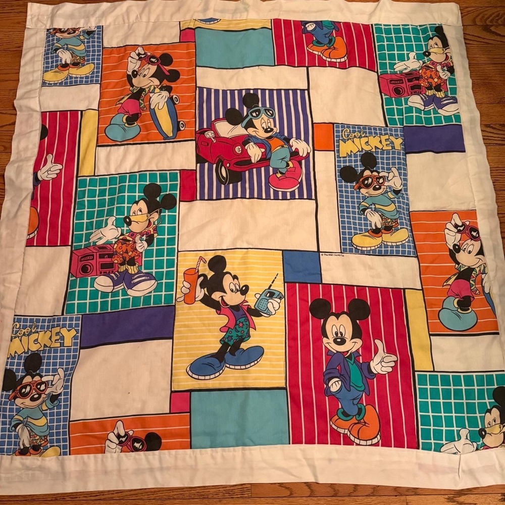 1.a.0.0.0.1.d Vtg Disney Mickey Mouse Goofy Handmade Quilt Retro 80s Colorblock